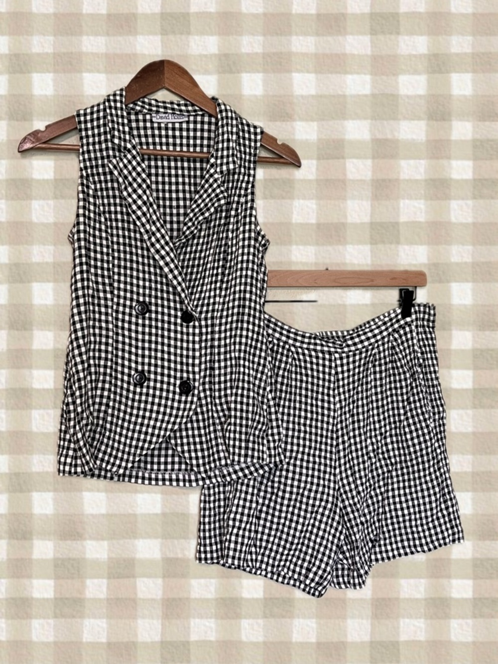 Vintage David Hollis Linen Gingham Sleeveless Vest & Short Set - Black and White
